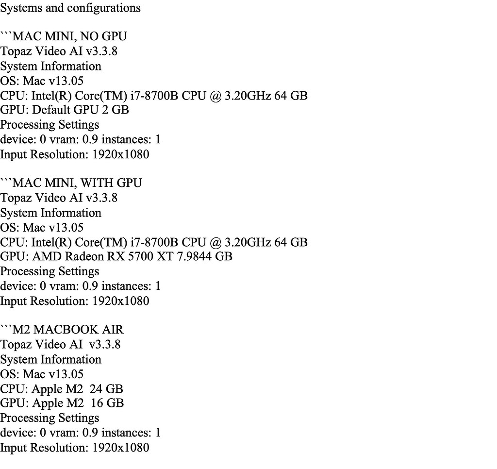 TVAI benchmarks Mac mini Intel + eGPU vs. M2 MacBook Air General Topaz Community
