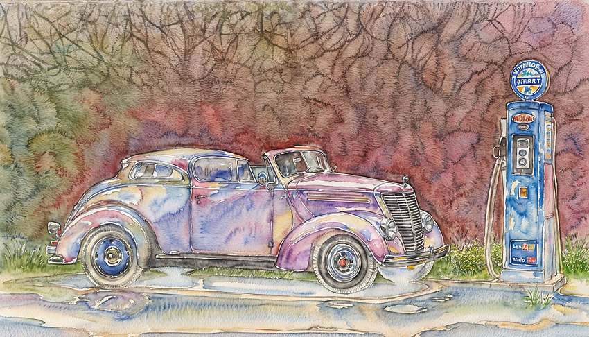 New-1ab-gigapixel-redefine-6500-1080h-A watercolour painting of a car parked at a petrol pump