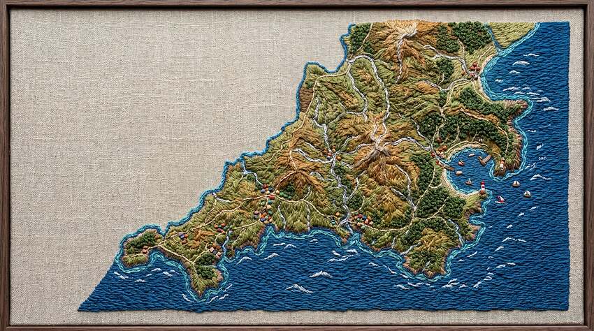 Firefly_Gemini Flash_Embroidered Topographic Peninsula_An imaginary coastal peninsula rendered as raised e 709102