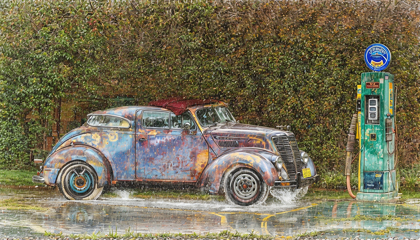 New-1ab-halftone-gigapixel-redefine-1080h-A car parked next to a petrol station petrol pump on a rainy day