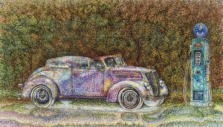 New-1ab-halftone-gigapixel-redefine-6500-1080h-A painted picture in the Pointillism style, of a car parked near a petrol pump