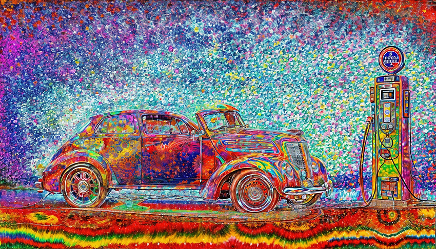 New-1ab-psychedelic-gigapixel-redefine-1080h-A psychedelic picture of a car parked next to a petrol station petrol pump on a rainy day